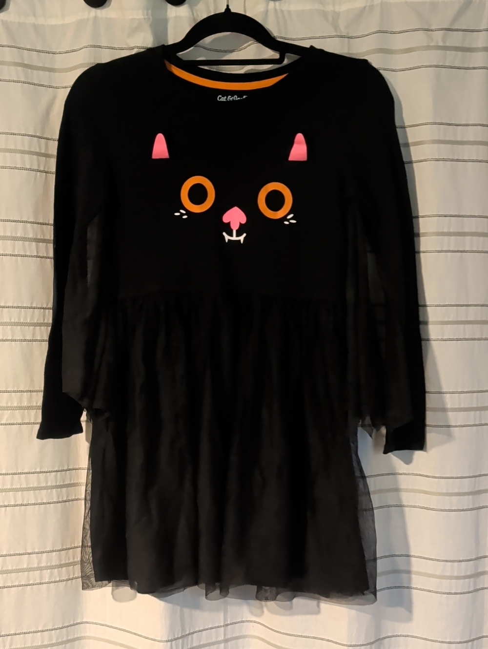 Cat & Jack Black Long-Sleeve Tulle Dress with Pink & Orange Cat Face